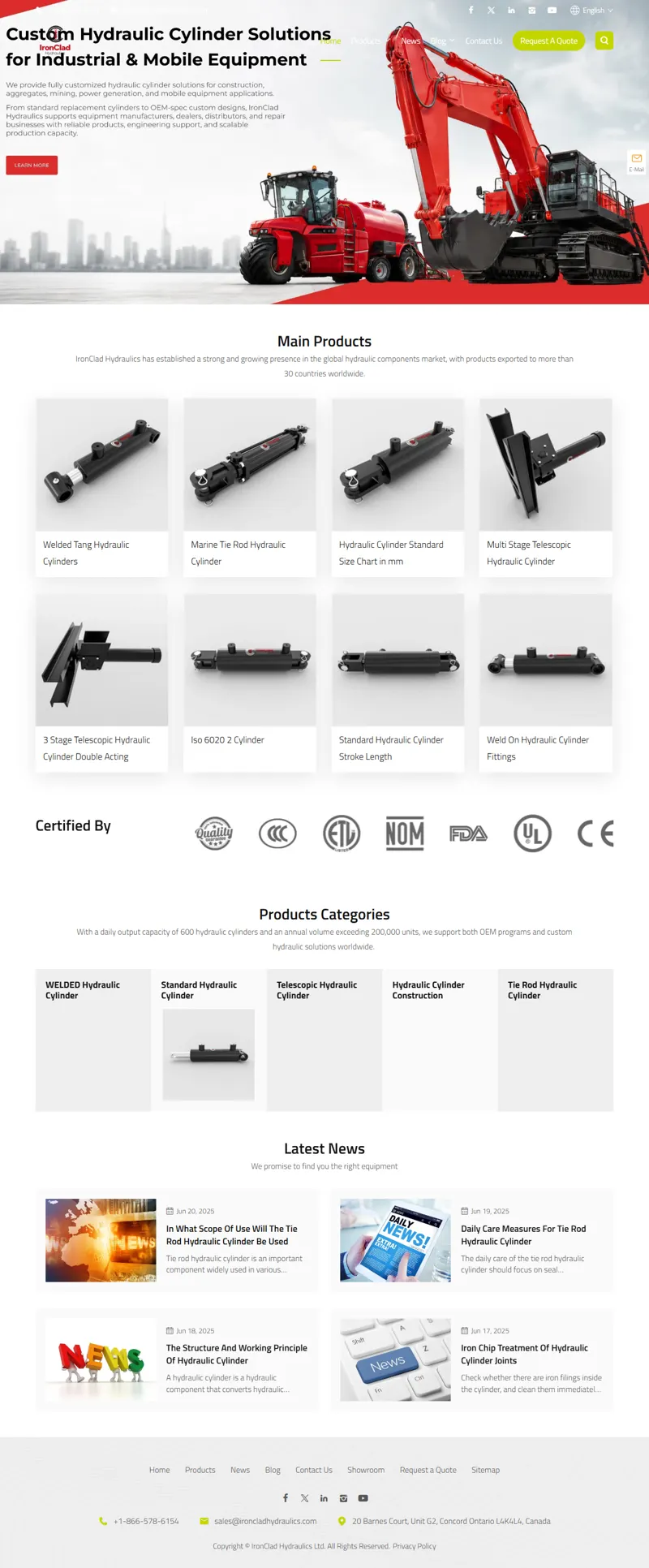 Welded Hydraulic Cylinder Manufacturers, Standard Hydraulic Cylinder Suppliers, Telescopic Hydraulic Cylinder Factory - IronClad Hydraulics Ltd 网页长截图